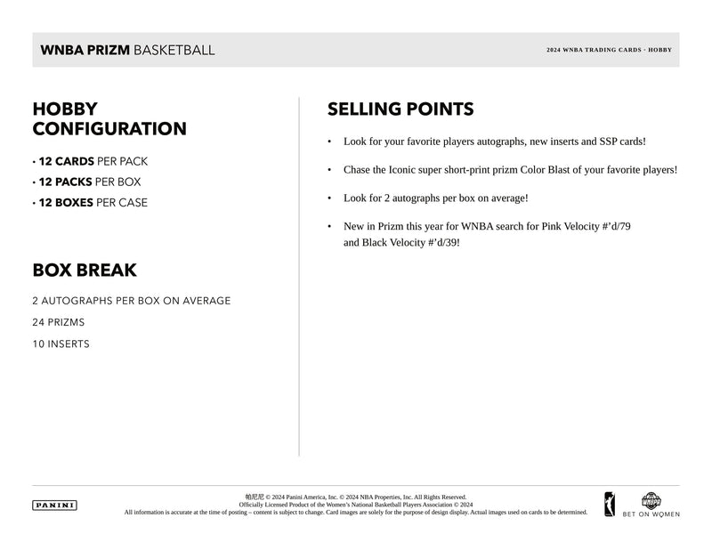 Panini Prizm 2024 WNBA Basketball Hobby Box